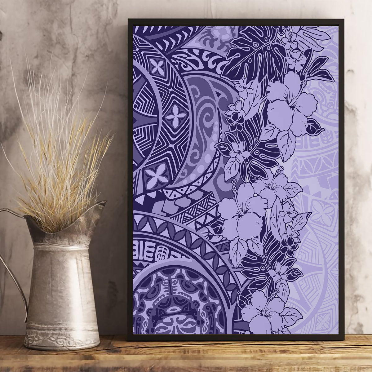 Polynesia Canvas Wall Art Hibiscus and Hawaiian Tribal Tattoo Retro Style Violet Color LT9 - Wonder Print Shop
