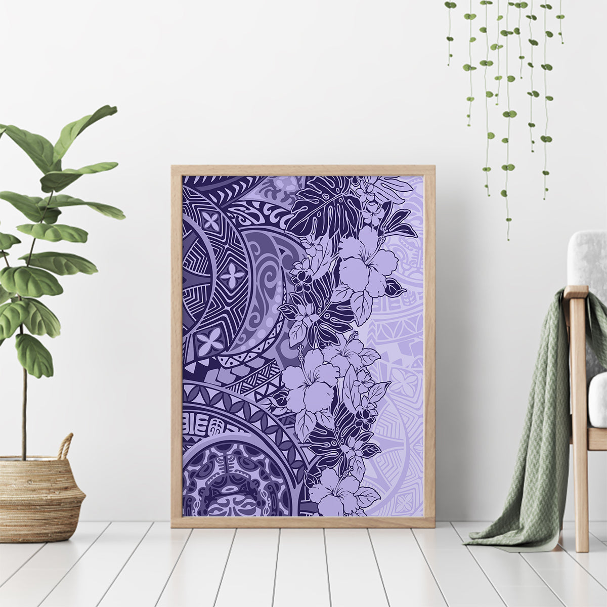 Polynesia Canvas Wall Art Hibiscus and Hawaiian Tribal Tattoo Retro Style Violet Color LT9 - Wonder Print Shop