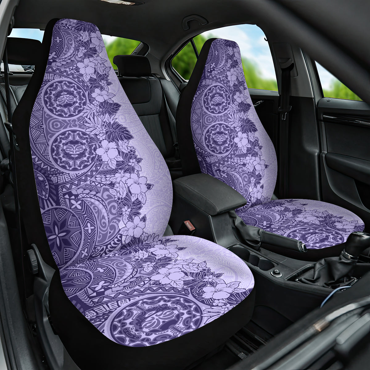 Polynesia Car Seat Cover Hibiscus and Hawaiian Tribal Tattoo Retro Style Violet Color LT9 - Wonder Print Shop
