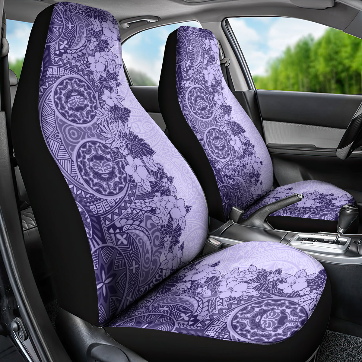 Polynesia Car Seat Cover Hibiscus and Hawaiian Tribal Tattoo Retro Style Violet Color LT9 - Wonder Print Shop