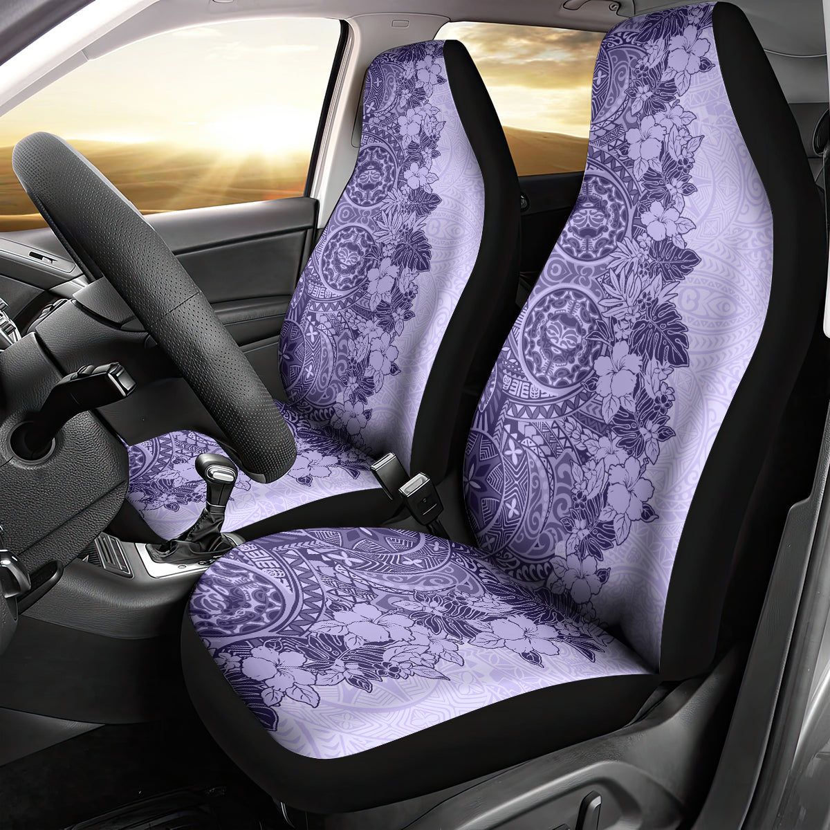 Polynesia Car Seat Cover Hibiscus and Hawaiian Tribal Tattoo Retro Style Violet Color LT9 - Wonder Print Shop