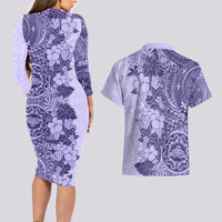Polynesia Couples Matching Long Sleeve Bodycon Dress and Hawaiian Shirt Hibiscus and Hawaiian Tribal Tattoo Retro Style Violet Color LT9 - Wonder Print Shop