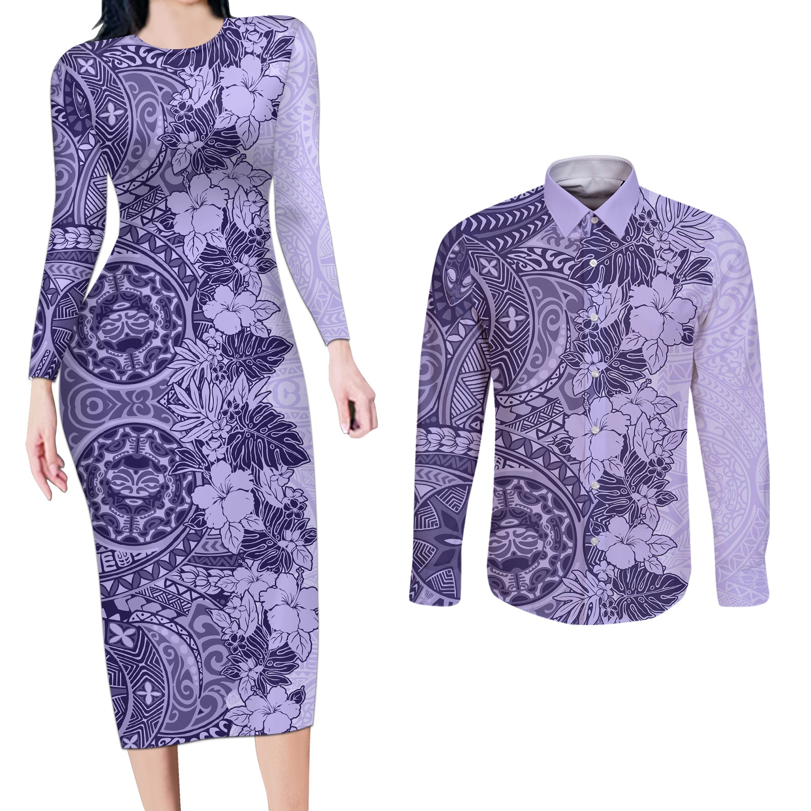 Polynesia Couples Matching Long Sleeve Bodycon Dress and Long Sleeve Button Shirt Hibiscus and Hawaiian Tribal Tattoo Retro Style Violet Color LT9 - Wonder Print Shop