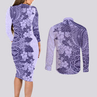 Polynesia Couples Matching Long Sleeve Bodycon Dress and Long Sleeve Button Shirt Hibiscus and Hawaiian Tribal Tattoo Retro Style Violet Color LT9 - Wonder Print Shop