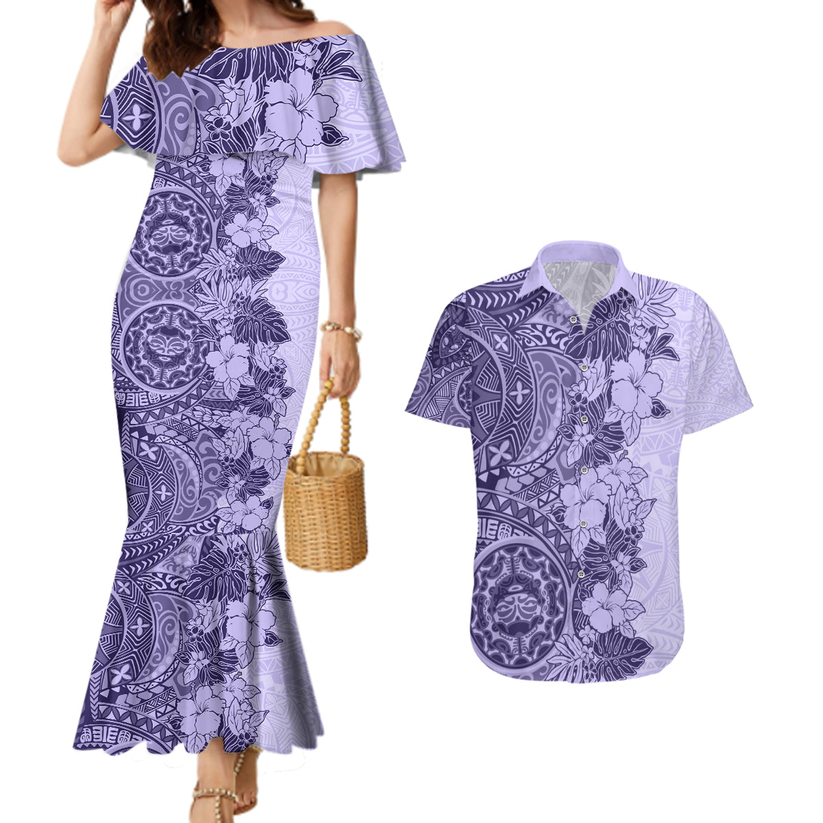 Polynesia Couples Matching Mermaid Dress and Hawaiian Shirt Hibiscus and Hawaiian Tribal Tattoo Retro Style Violet Color LT9 - Wonder Print Shop