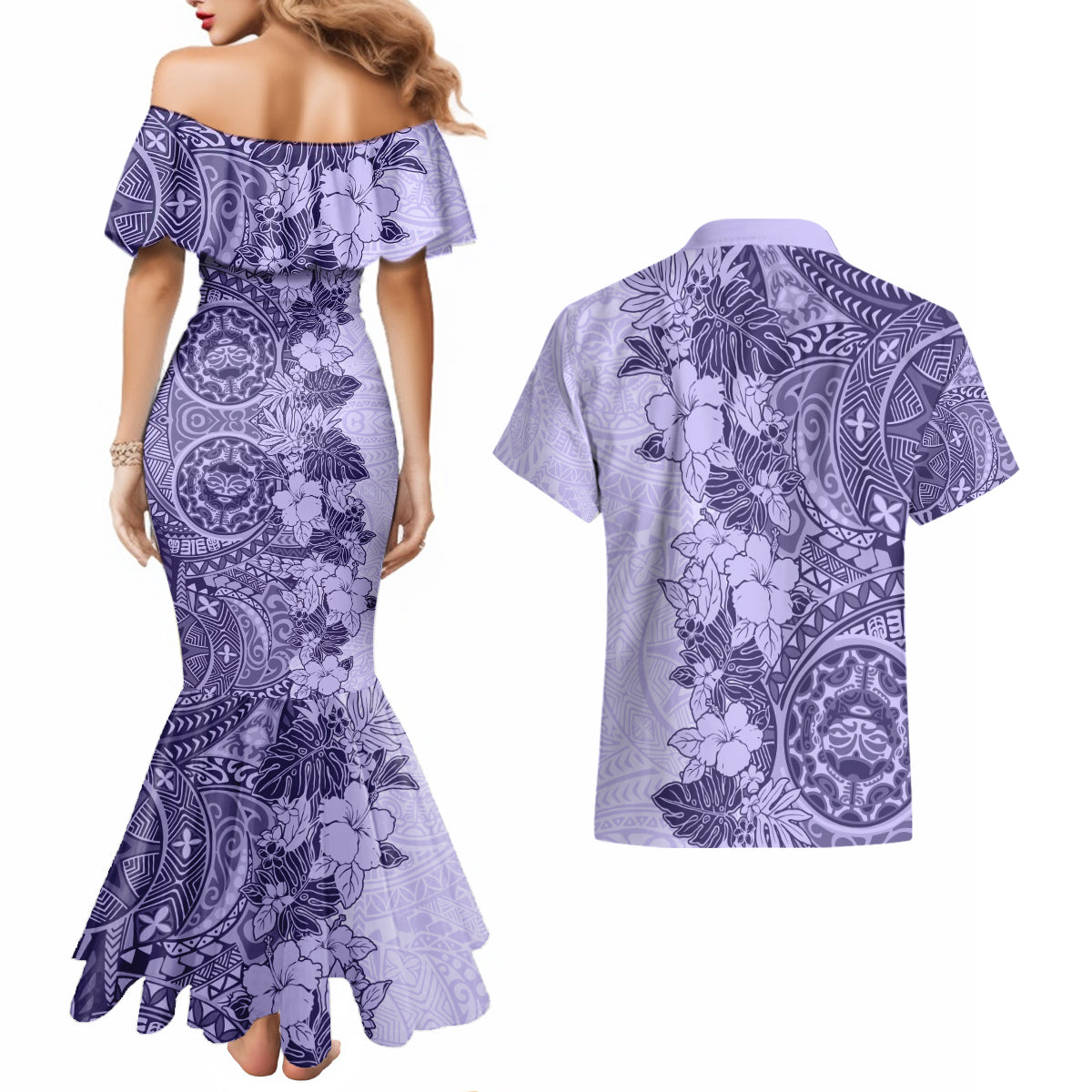 Polynesia Couples Matching Mermaid Dress and Hawaiian Shirt Hibiscus and Hawaiian Tribal Tattoo Retro Style Violet Color LT9 - Wonder Print Shop