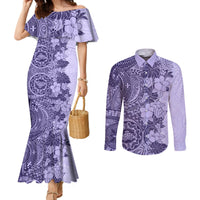 polynesia-couples-matching-mermaid-dress-and-long-sleeve-button-shirt-hibiscus-and-hawaiian-tribal-tattoo-retro-style-violet-color