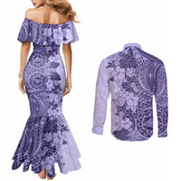 polynesia-couples-matching-mermaid-dress-and-long-sleeve-button-shirt-hibiscus-and-hawaiian-tribal-tattoo-retro-style-violet-color