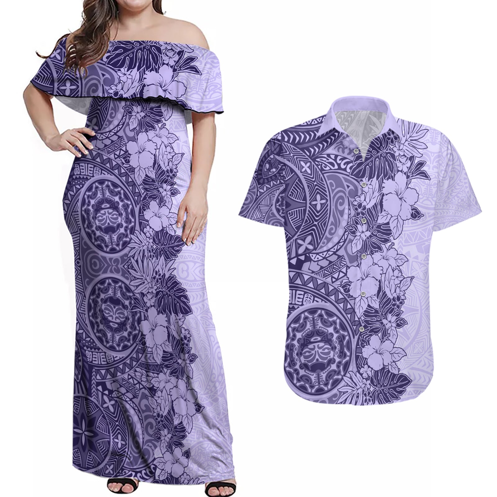 Polynesia Couples Matching Off Shoulder Maxi Dress and Hawaiian Shirt Hibiscus and Hawaiian Tribal Tattoo Retro Style Violet Color LT9 - Wonder Print Shop