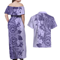 Polynesia Couples Matching Off Shoulder Maxi Dress and Hawaiian Shirt Hibiscus and Hawaiian Tribal Tattoo Retro Style Violet Color LT9 - Wonder Print Shop