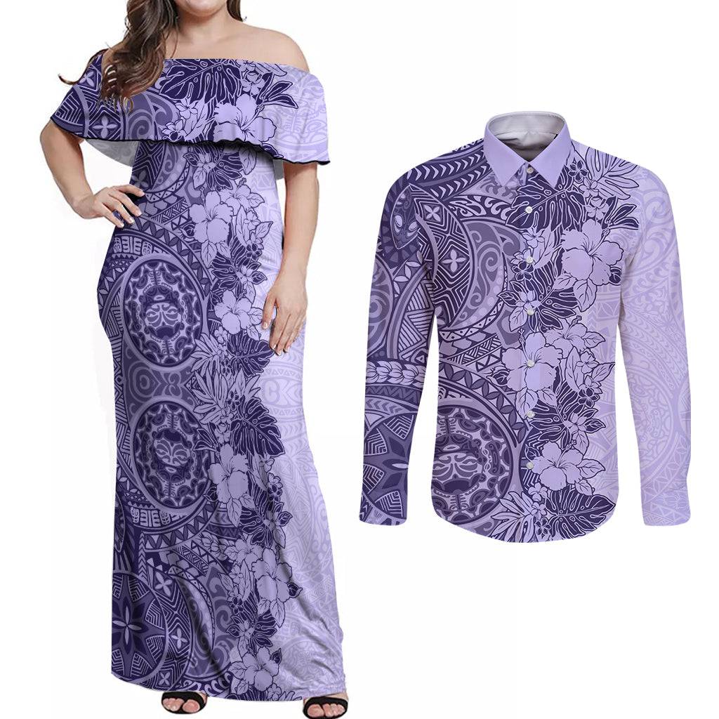 Polynesia Couples Matching Off Shoulder Maxi Dress and Long Sleeve Button Shirt Hibiscus and Hawaiian Tribal Tattoo Retro Style Violet Color LT9 - Wonder Print Shop