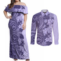 Polynesia Couples Matching Off Shoulder Maxi Dress and Long Sleeve Button Shirt Hibiscus and Hawaiian Tribal Tattoo Retro Style Violet Color LT9 - Wonder Print Shop