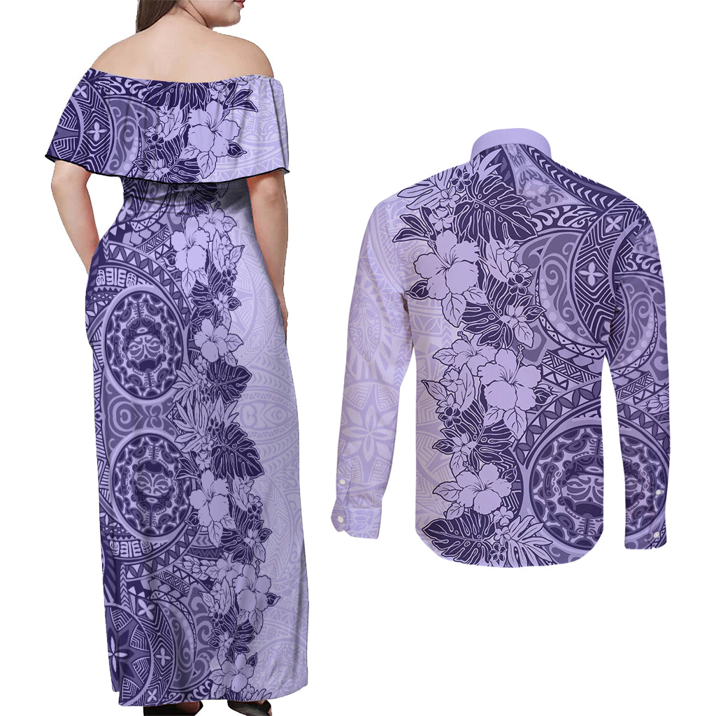 Polynesia Couples Matching Off Shoulder Maxi Dress and Long Sleeve Button Shirt Hibiscus and Hawaiian Tribal Tattoo Retro Style Violet Color LT9 - Wonder Print Shop