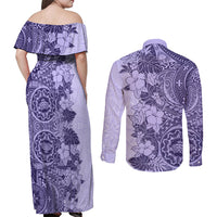 Polynesia Couples Matching Off Shoulder Maxi Dress and Long Sleeve Button Shirt Hibiscus and Hawaiian Tribal Tattoo Retro Style Violet Color LT9 - Wonder Print Shop