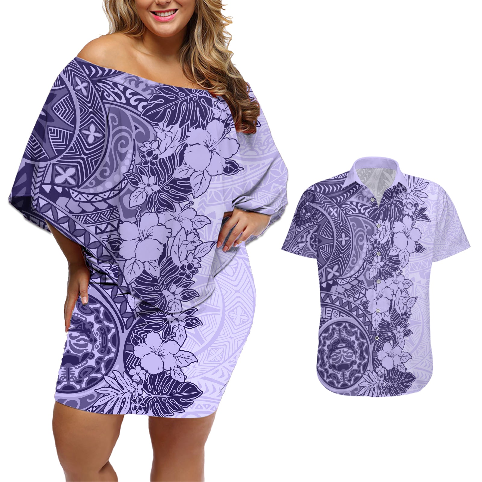 Polynesia Couples Matching Off Shoulder Short Dress and Hawaiian Shirt Hibiscus and Hawaiian Tribal Tattoo Retro Style Violet Color LT9 - Wonder Print Shop
