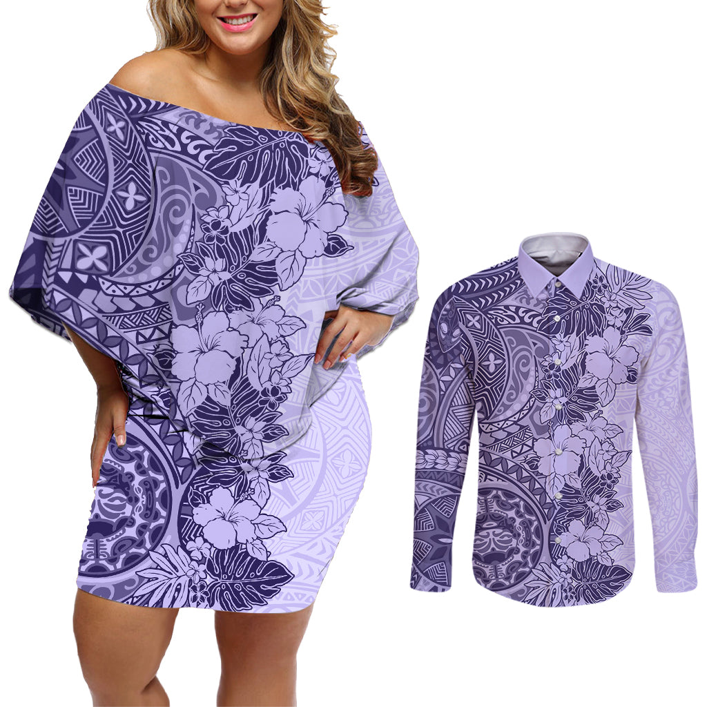 Polynesia Couples Matching Off Shoulder Short Dress and Long Sleeve Button Shirt Hibiscus and Hawaiian Tribal Tattoo Retro Style Violet Color LT9 - Wonder Print Shop