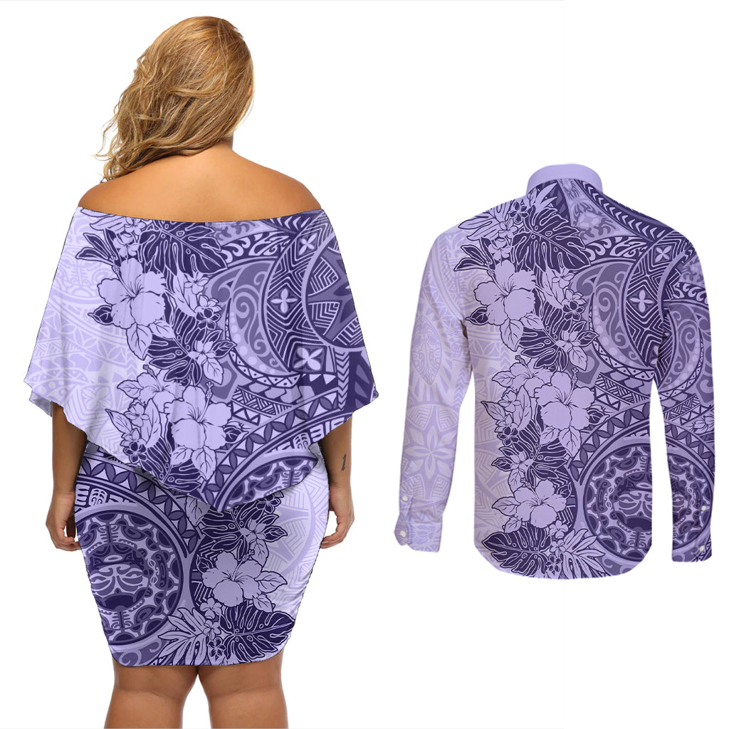 Polynesia Couples Matching Off Shoulder Short Dress and Long Sleeve Button Shirt Hibiscus and Hawaiian Tribal Tattoo Retro Style Violet Color LT9 - Wonder Print Shop