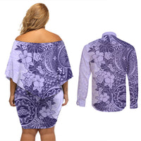 Polynesia Couples Matching Off Shoulder Short Dress and Long Sleeve Button Shirt Hibiscus and Hawaiian Tribal Tattoo Retro Style Violet Color LT9 - Wonder Print Shop