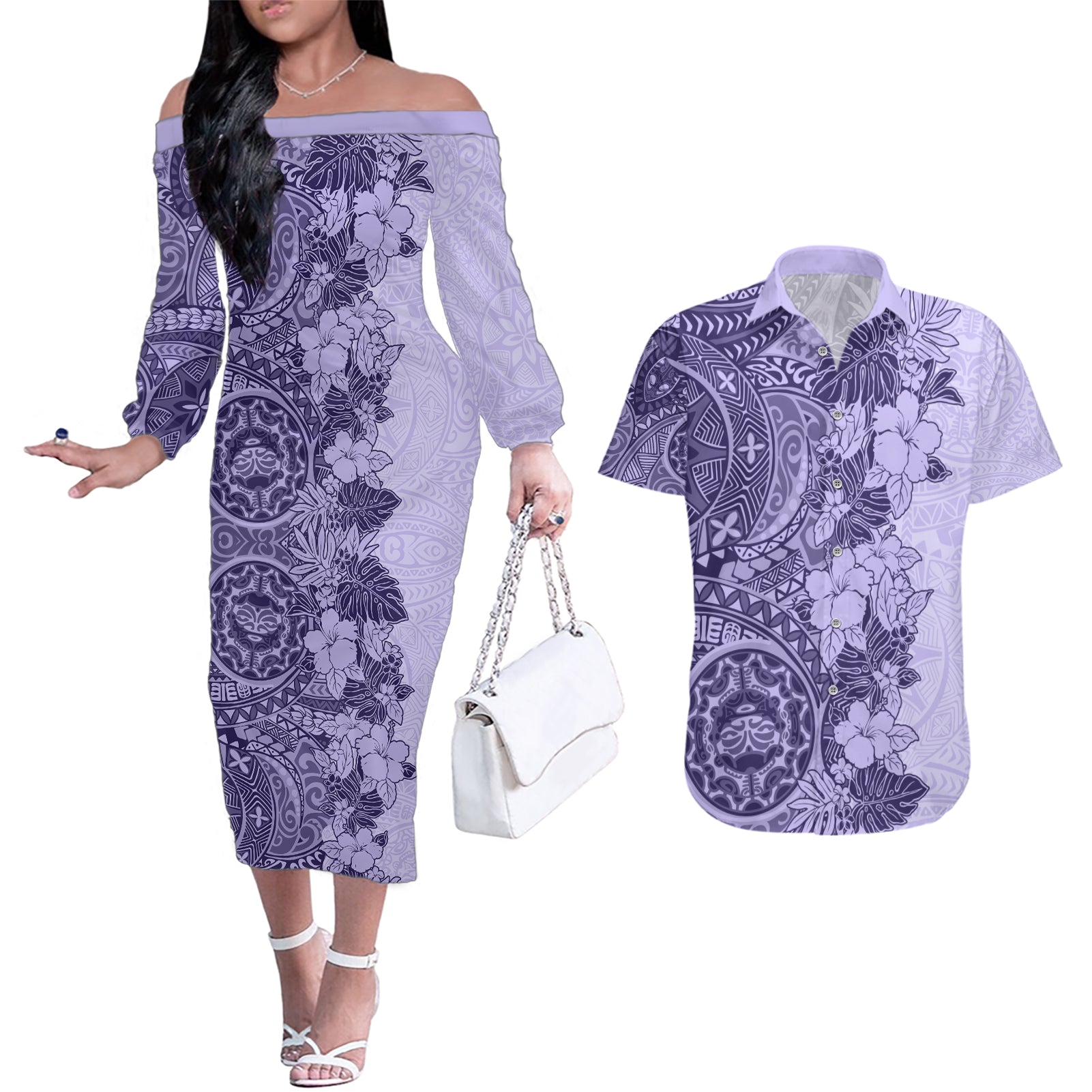 Polynesia Couples Matching Off The Shoulder Long Sleeve Dress and Hawaiian Shirt Hibiscus and Hawaiian Tribal Tattoo Retro Style Violet Color LT9 - Wonder Print Shop