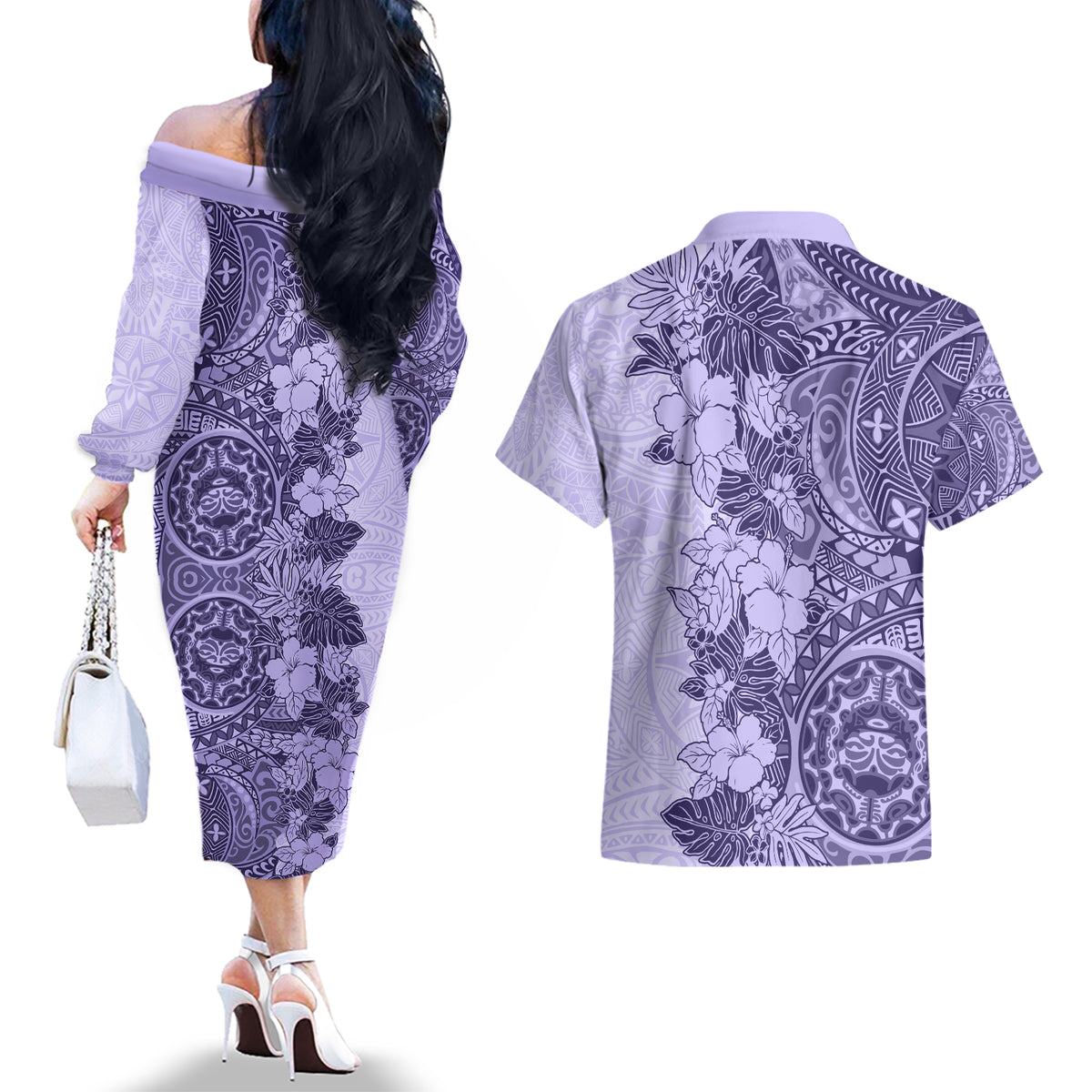 Polynesia Couples Matching Off The Shoulder Long Sleeve Dress and Hawaiian Shirt Hibiscus and Hawaiian Tribal Tattoo Retro Style Violet Color LT9 - Wonder Print Shop