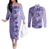 polynesia-couples-matching-off-the-shoulder-long-sleeve-dress-and-long-sleeve-button-shirt-hibiscus-and-hawaiian-tribal-tattoo-retro-style-violet-color