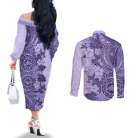 polynesia-couples-matching-off-the-shoulder-long-sleeve-dress-and-long-sleeve-button-shirt-hibiscus-and-hawaiian-tribal-tattoo-retro-style-violet-color
