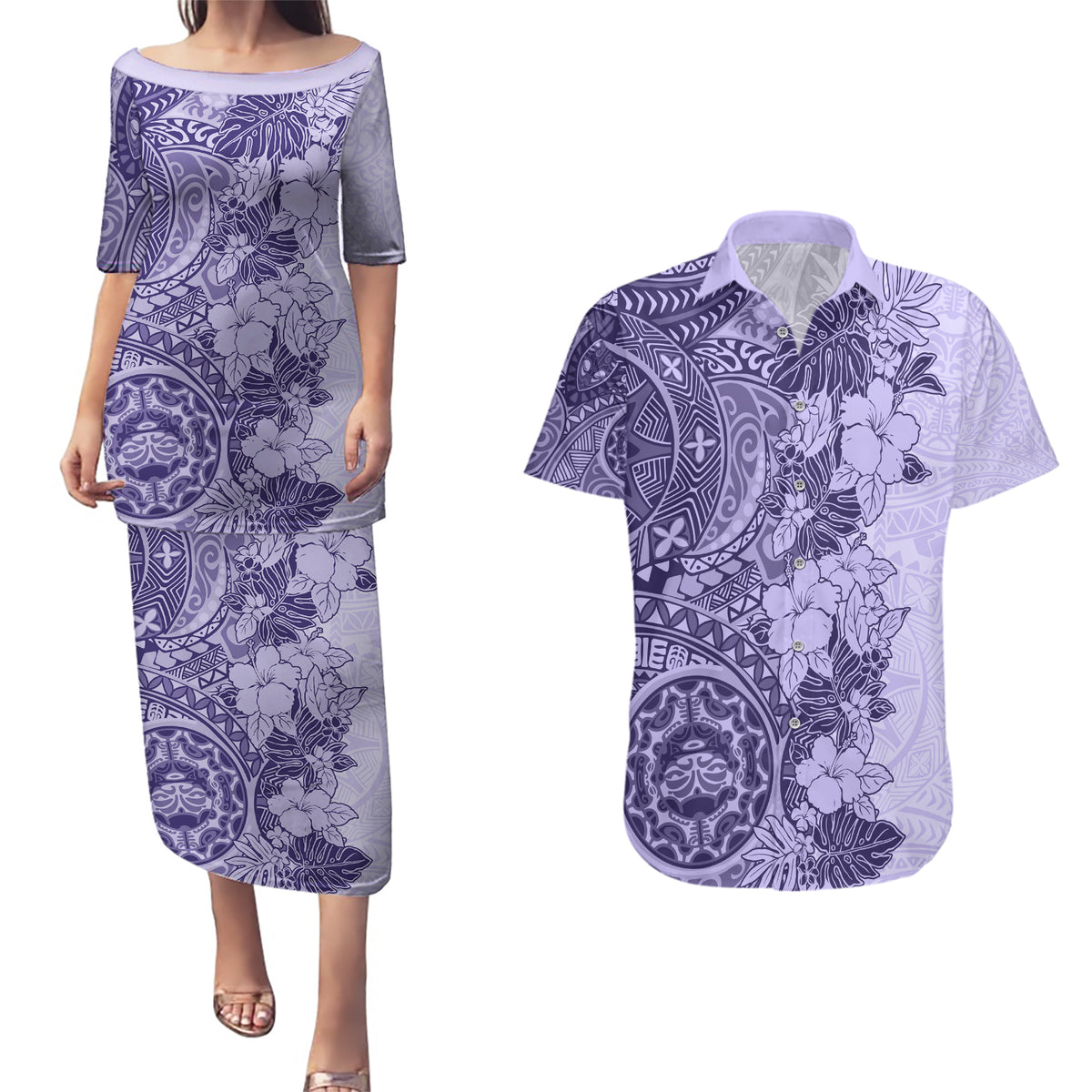 Polynesia Couples Matching Puletasi Dress and Hawaiian Shirt Hibiscus and Hawaiian Tribal Tattoo Retro Style Violet Color LT9 - Wonder Print Shop
