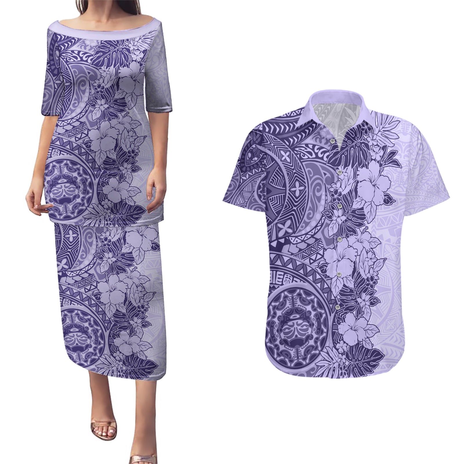 Polynesia Couples Matching Puletasi Dress and Hawaiian Shirt Hibiscus and Hawaiian Tribal Tattoo Retro Style Violet Color LT9 - Wonder Print Shop