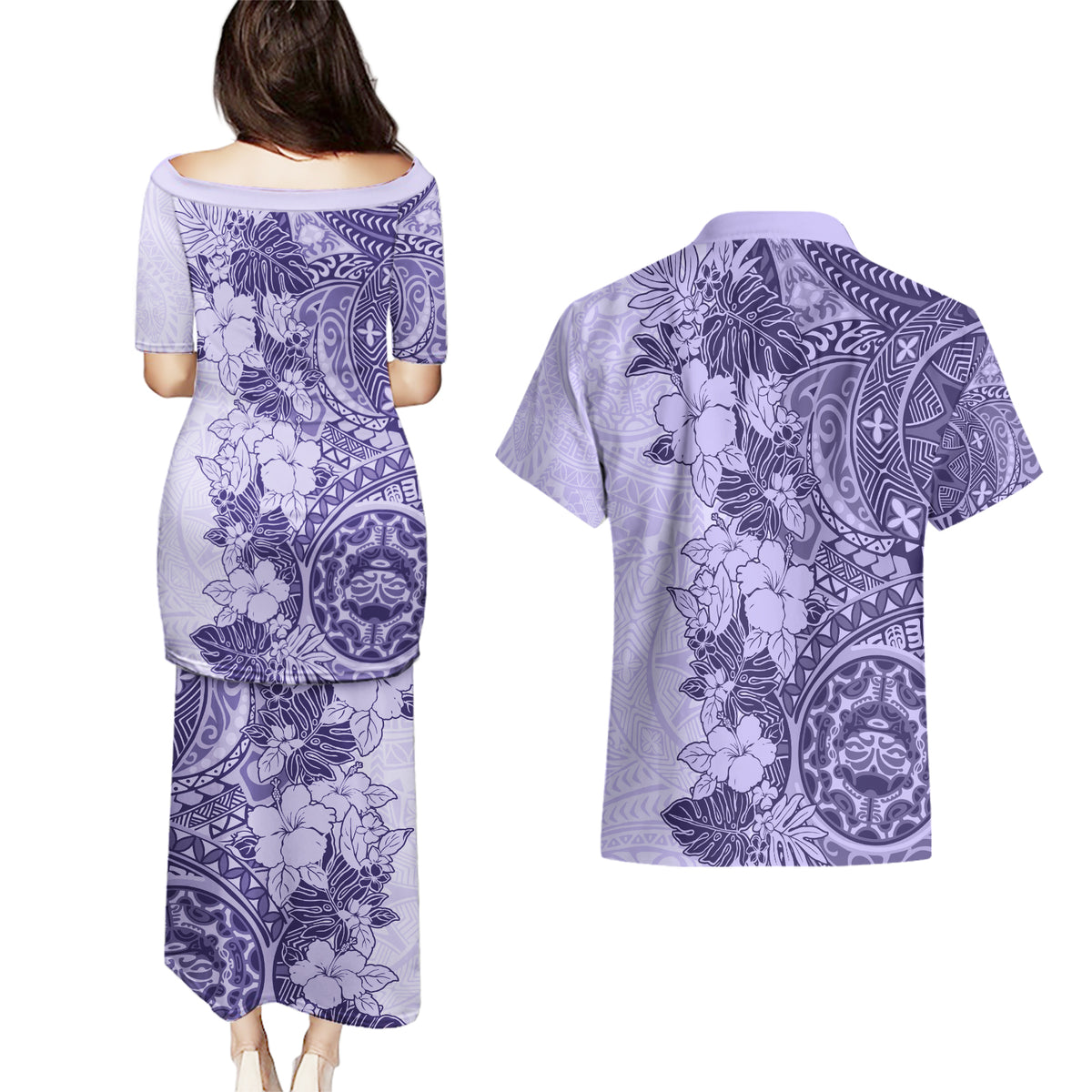 Polynesia Couples Matching Puletasi Dress and Hawaiian Shirt Hibiscus and Hawaiian Tribal Tattoo Retro Style Violet Color LT9 - Wonder Print Shop