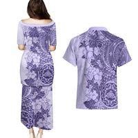 Polynesia Couples Matching Puletasi Dress and Hawaiian Shirt Hibiscus and Hawaiian Tribal Tattoo Retro Style Violet Color LT9 - Wonder Print Shop