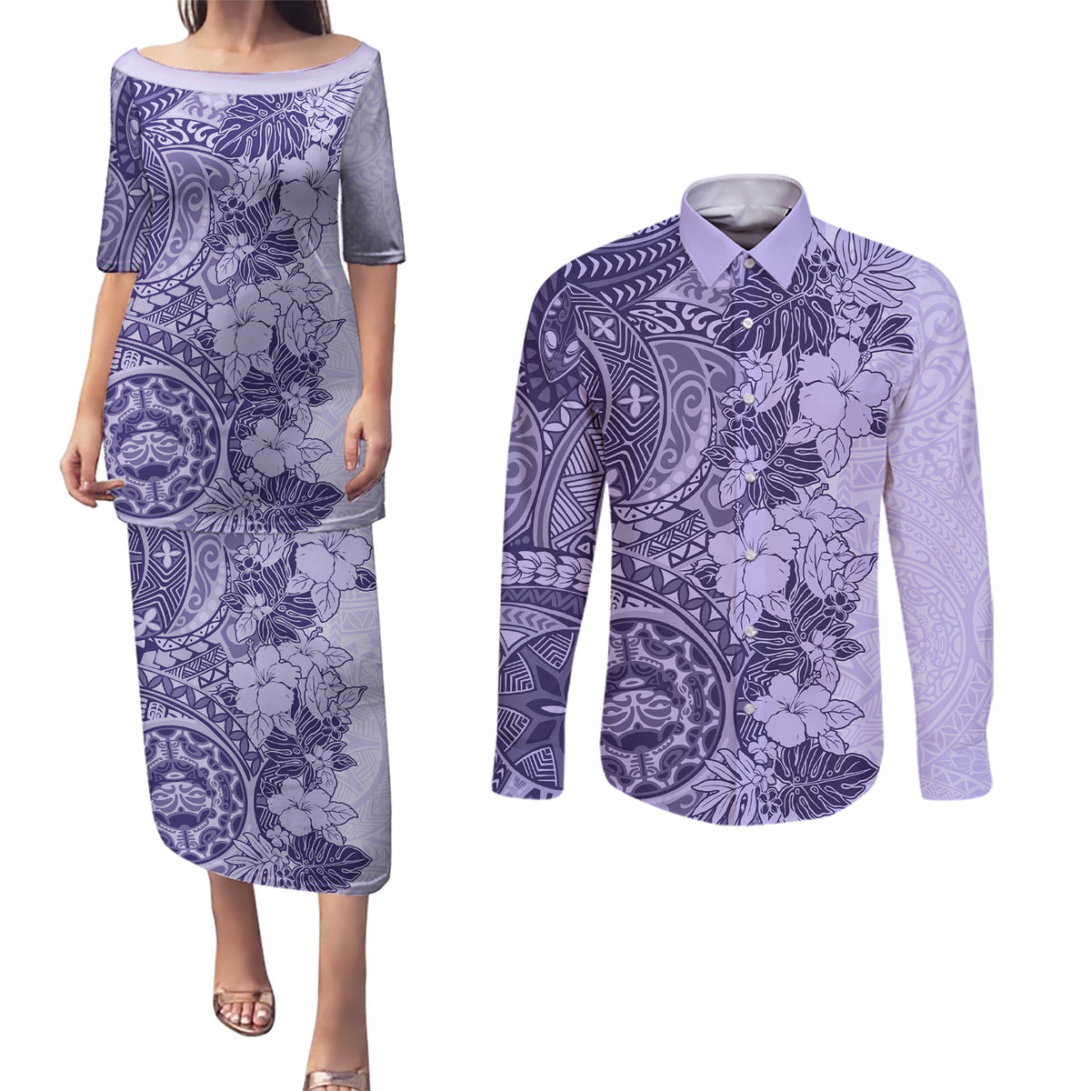 Polynesia Couples Matching Puletasi Dress and Long Sleeve Button Shirt Hibiscus and Hawaiian Tribal Tattoo Retro Style Violet Color LT9 - Wonder Print Shop