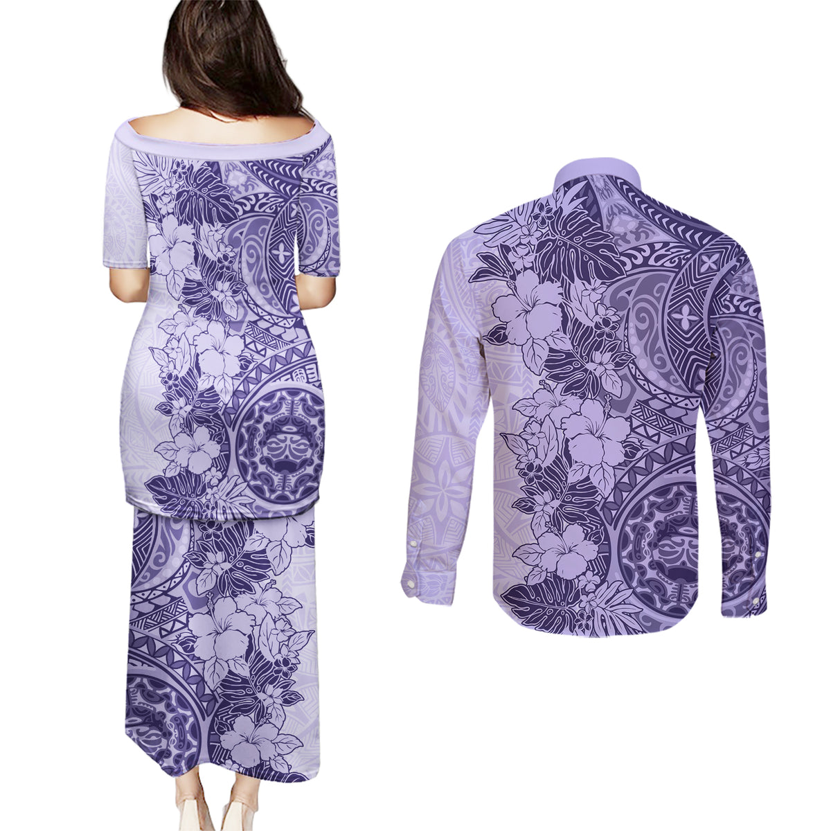 Polynesia Couples Matching Puletasi Dress and Long Sleeve Button Shirt Hibiscus and Hawaiian Tribal Tattoo Retro Style Violet Color LT9 - Wonder Print Shop