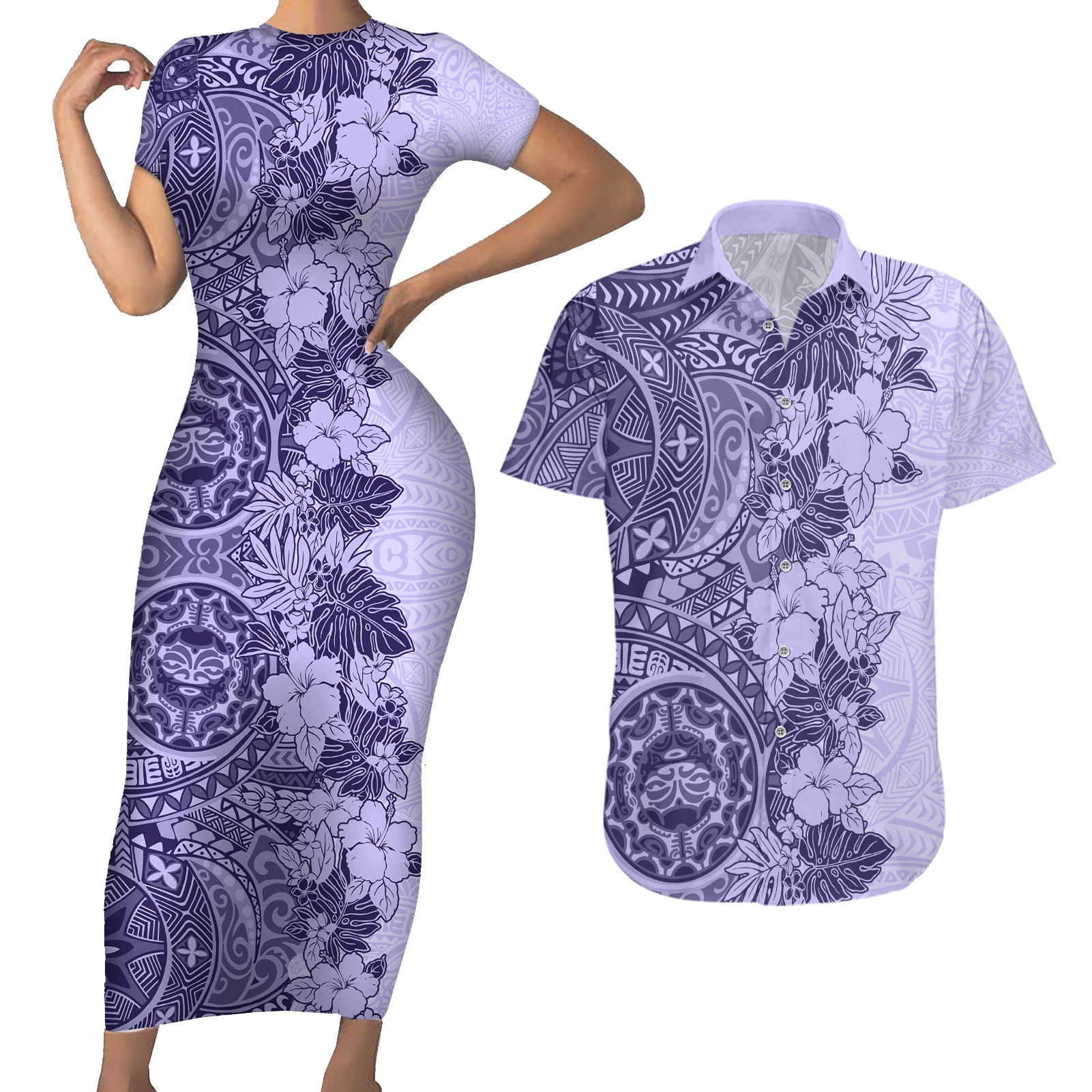 Polynesia Couples Matching Short Sleeve Bodycon Dress and Hawaiian Shirt Hibiscus and Hawaiian Tribal Tattoo Retro Style Violet Color LT9 - Wonder Print Shop
