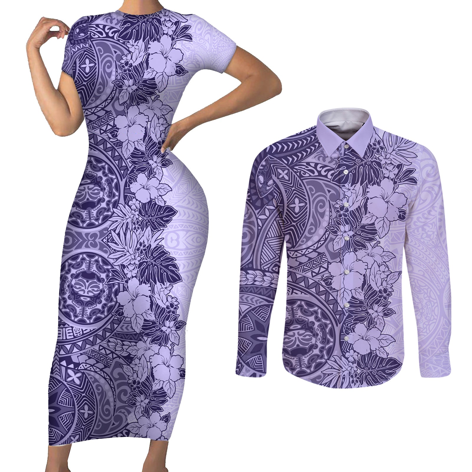 Polynesia Couples Matching Short Sleeve Bodycon Dress and Long Sleeve Button Shirt Hibiscus and Hawaiian Tribal Tattoo Retro Style Violet Color LT9 - Wonder Print Shop