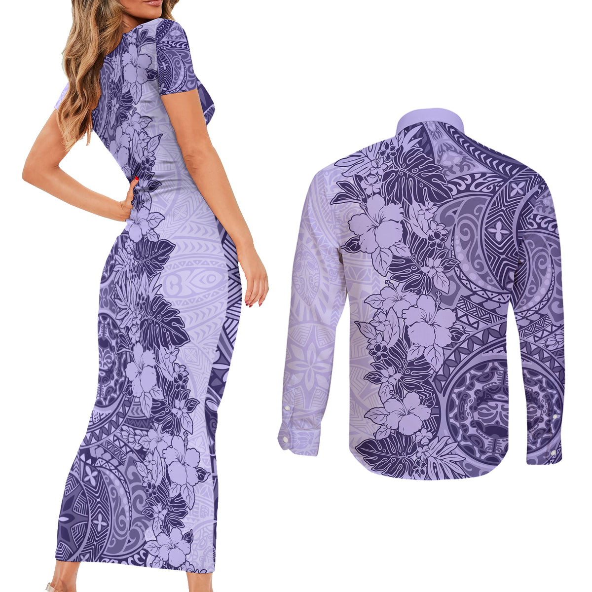 Polynesia Couples Matching Short Sleeve Bodycon Dress and Long Sleeve Button Shirt Hibiscus and Hawaiian Tribal Tattoo Retro Style Violet Color LT9 - Wonder Print Shop