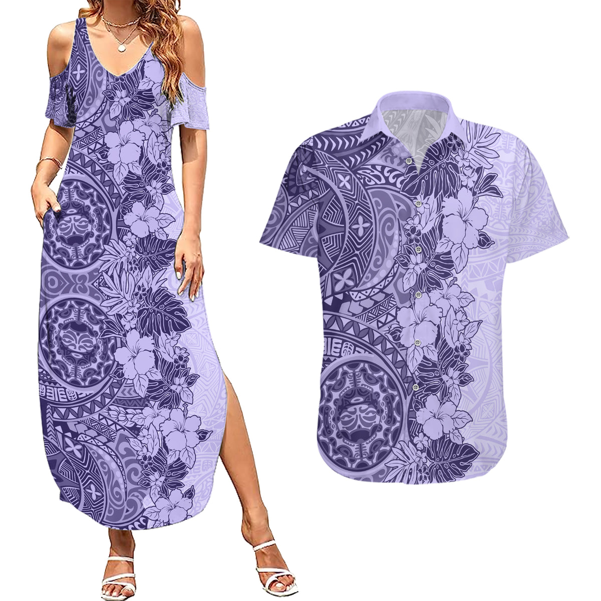 Polynesia Couples Matching Summer Maxi Dress and Hawaiian Shirt Hibiscus and Hawaiian Tribal Tattoo Retro Style Violet Color LT9 - Wonder Print Shop