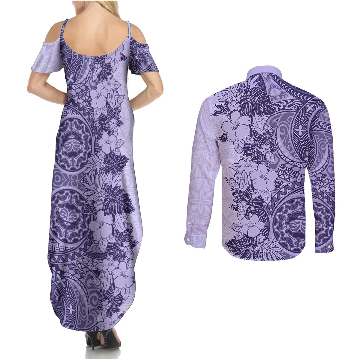 Polynesia Couples Matching Summer Maxi Dress and Long Sleeve Button Shirt Hibiscus and Hawaiian Tribal Tattoo Retro Style Violet Color LT9 - Wonder Print Shop