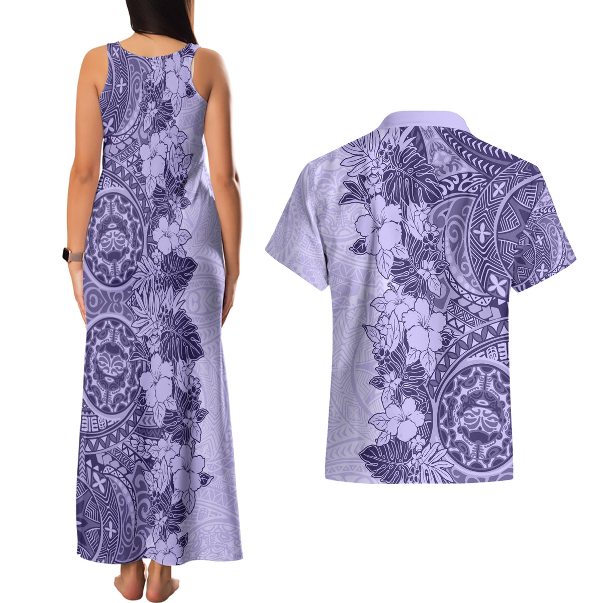 Polynesia Couples Matching Tank Maxi Dress and Hawaiian Shirt Hibiscus and Hawaiian Tribal Tattoo Retro Style Violet Color LT9 - Wonder Print Shop