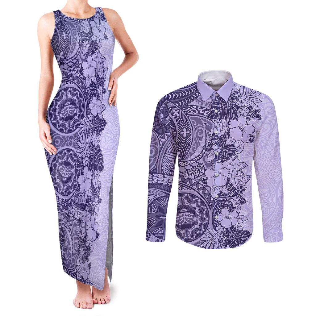 Polynesia Couples Matching Tank Maxi Dress and Long Sleeve Button Shirt Hibiscus and Hawaiian Tribal Tattoo Retro Style Violet Color LT9 - Wonder Print Shop