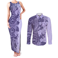 Polynesia Couples Matching Tank Maxi Dress and Long Sleeve Button Shirt Hibiscus and Hawaiian Tribal Tattoo Retro Style Violet Color LT9 - Wonder Print Shop