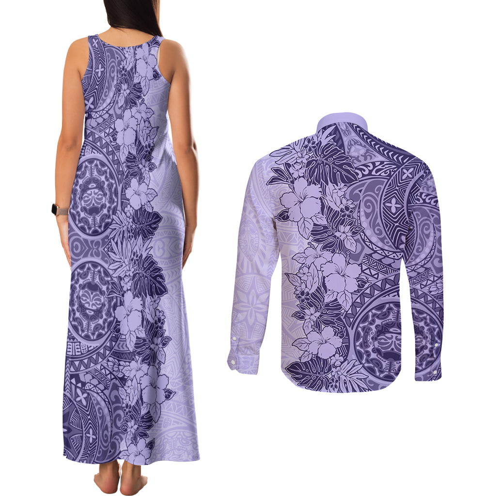 Polynesia Couples Matching Tank Maxi Dress and Long Sleeve Button Shirt Hibiscus and Hawaiian Tribal Tattoo Retro Style Violet Color LT9 - Wonder Print Shop