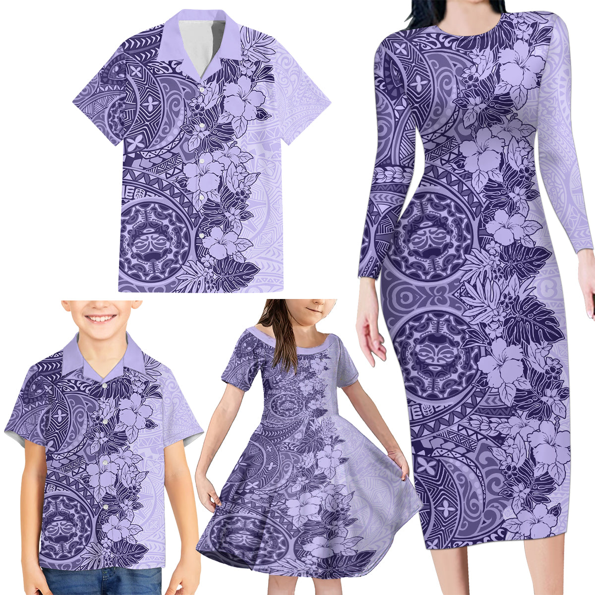 Polynesia Family Matching Long Sleeve Bodycon Dress and Hawaiian Shirt Hibiscus and Hawaiian Tribal Tattoo Retro Style Violet Color LT9 - Wonder Print Shop