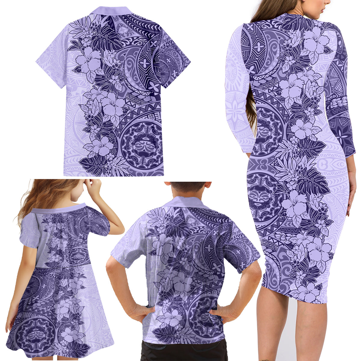 Polynesia Family Matching Long Sleeve Bodycon Dress and Hawaiian Shirt Hibiscus and Hawaiian Tribal Tattoo Retro Style Violet Color LT9 - Wonder Print Shop