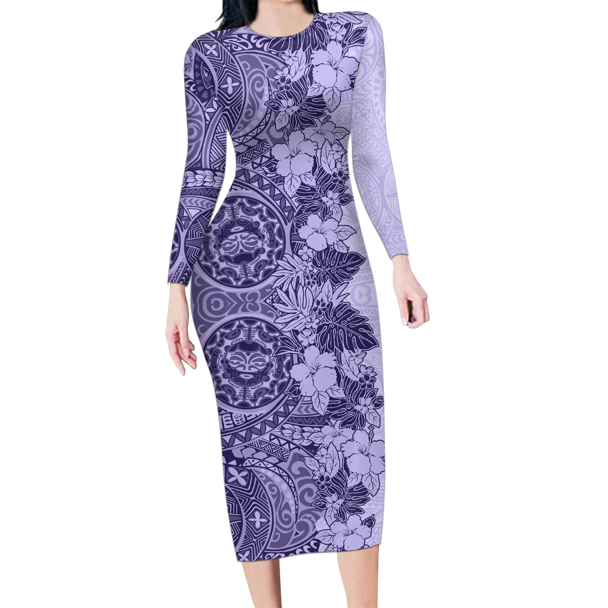 Polynesia Family Matching Long Sleeve Bodycon Dress and Hawaiian Shirt Hibiscus and Hawaiian Tribal Tattoo Retro Style Violet Color LT9 - Wonder Print Shop