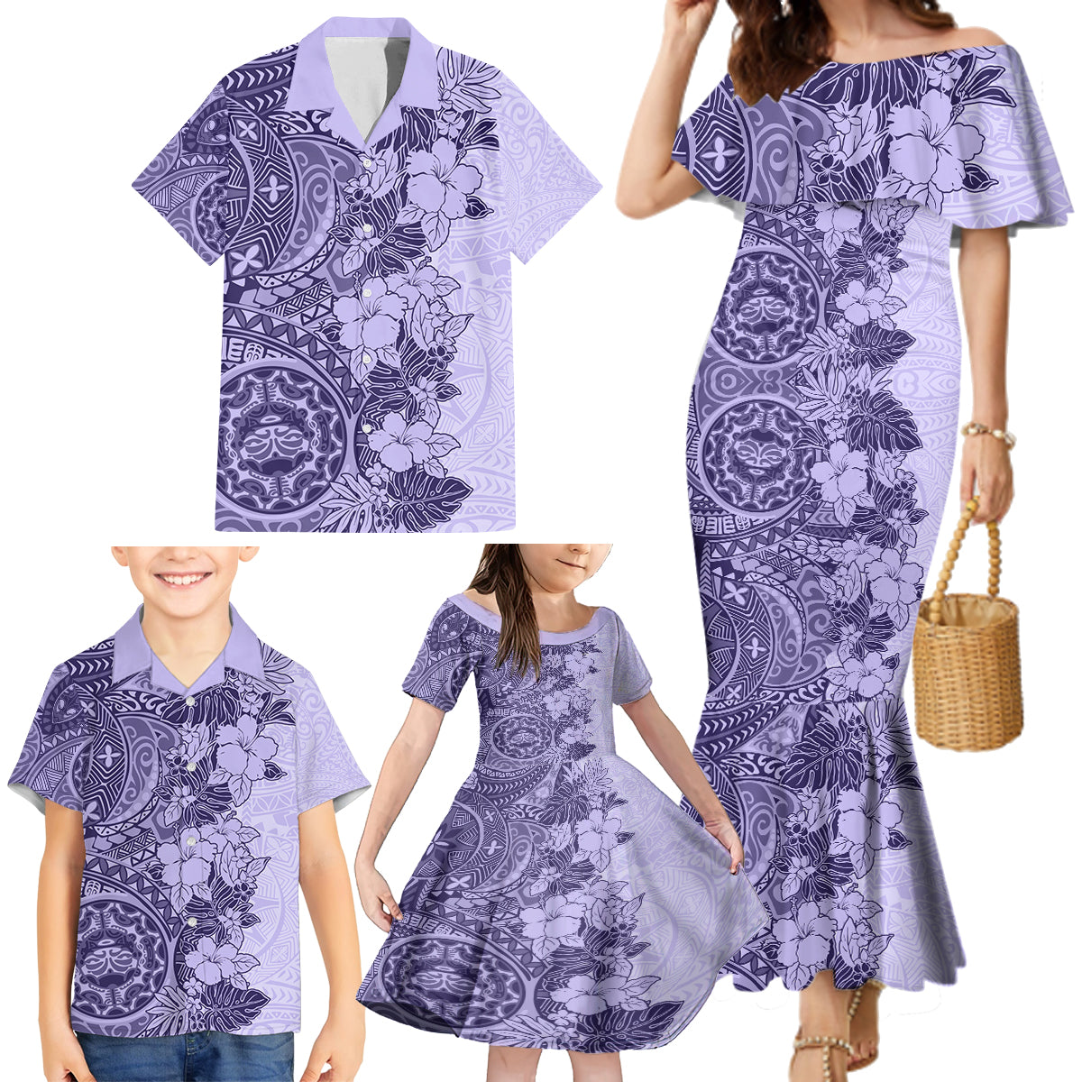 Polynesia Family Matching Mermaid Dress and Hawaiian Shirt Hibiscus and Hawaiian Tribal Tattoo Retro Style Violet Color LT9 - Wonder Print Shop