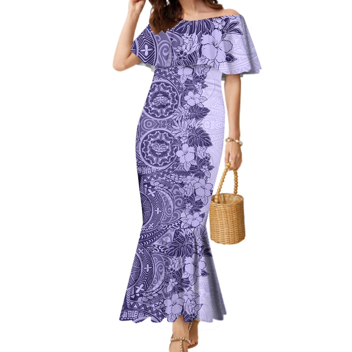 Polynesia Family Matching Mermaid Dress and Hawaiian Shirt Hibiscus and Hawaiian Tribal Tattoo Retro Style Violet Color LT9 - Wonder Print Shop