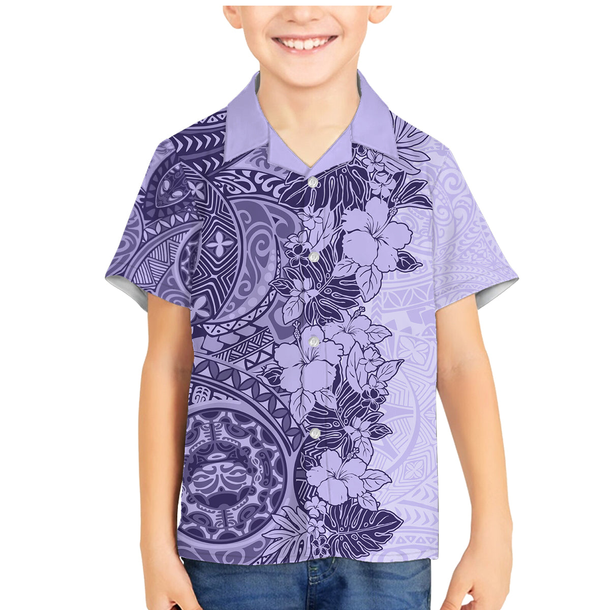 Polynesia Family Matching Mermaid Dress and Hawaiian Shirt Hibiscus and Hawaiian Tribal Tattoo Retro Style Violet Color LT9 - Wonder Print Shop