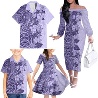 Polynesia Family Matching Off Shoulder Long Sleeve Dress and Hawaiian Shirt Hibiscus and Hawaiian Tribal Tattoo Retro Style Violet Color - Wonder Print Shop