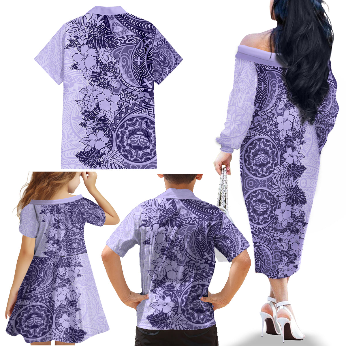 Polynesia Family Matching Off Shoulder Long Sleeve Dress and Hawaiian Shirt Hibiscus and Hawaiian Tribal Tattoo Retro Style Violet Color - Wonder Print Shop
