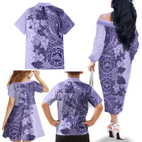 Polynesia Family Matching Off Shoulder Long Sleeve Dress and Hawaiian Shirt Hibiscus and Hawaiian Tribal Tattoo Retro Style Violet Color - Wonder Print Shop